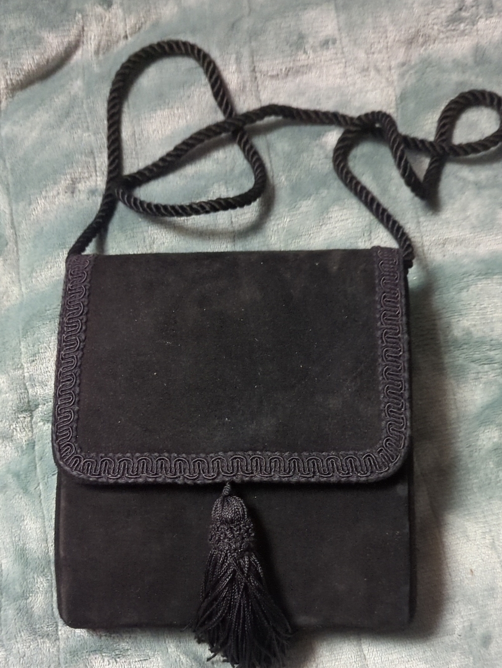 3-Black Suede Tassel Crossbody Bag - Women. Pre-loved.